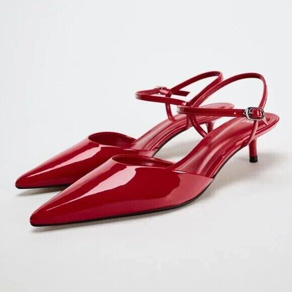 ZARA Red Patent Slingback Heels NWT – Pointed Toe Kitten Heels, Size 7.5 & 8 - Picture 16 of 16